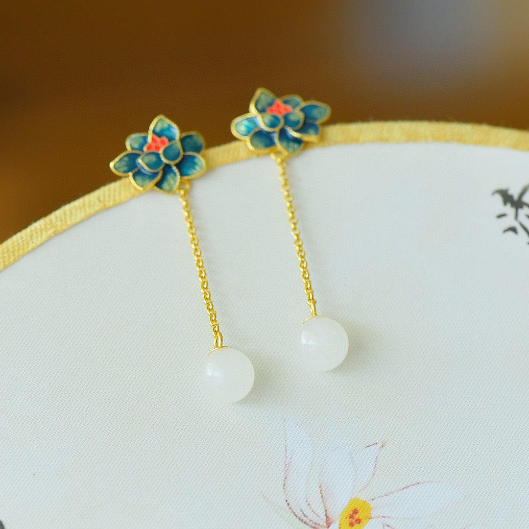Blue Lotus Jade Bead - Hetian Jade Earrings - LOVELY ROBIN