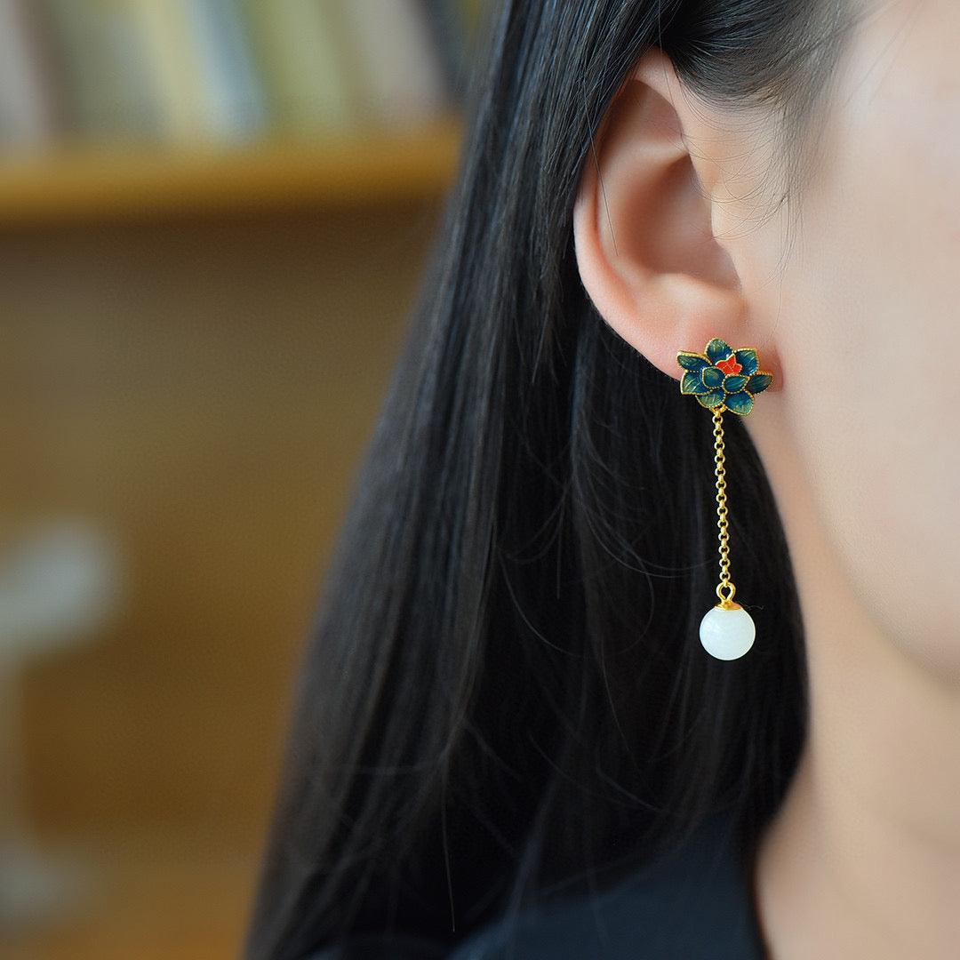 Blue Lotus Jade Bead - Hetian Jade Earrings - LOVELY ROBIN