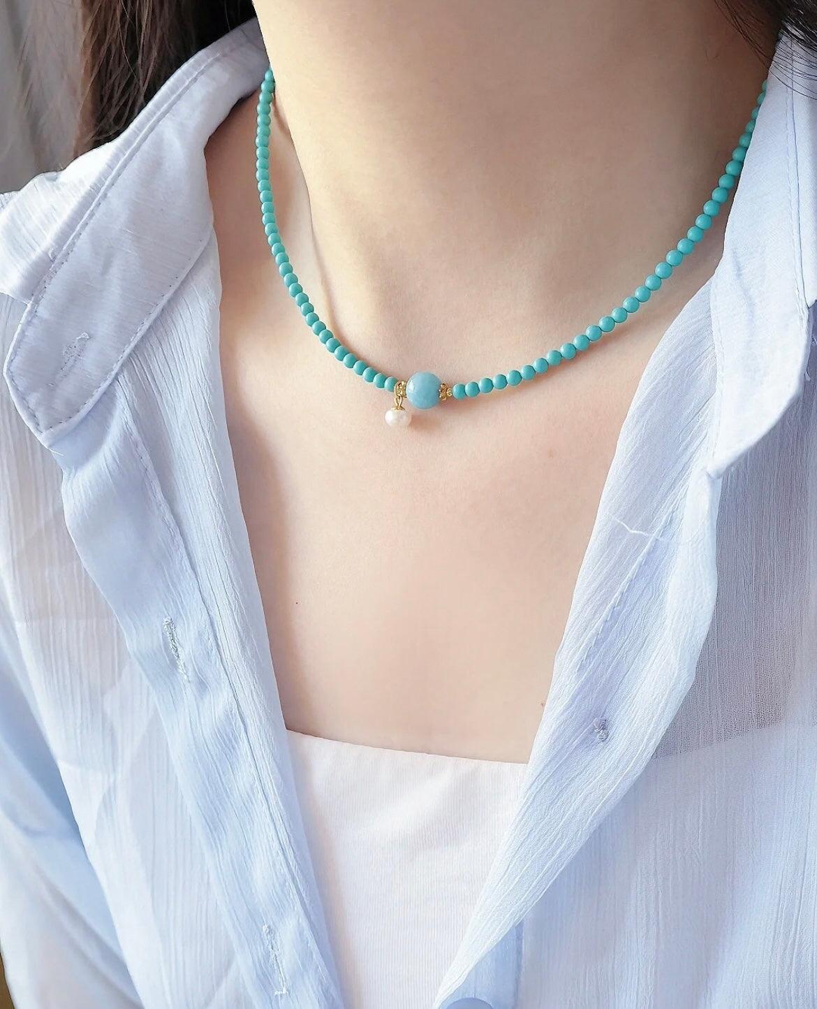 Original natural turquoise and freshwater pearl necklace-original new Chinese-style collarbone chain- high-end layered wear. - LOVELY ROBIN