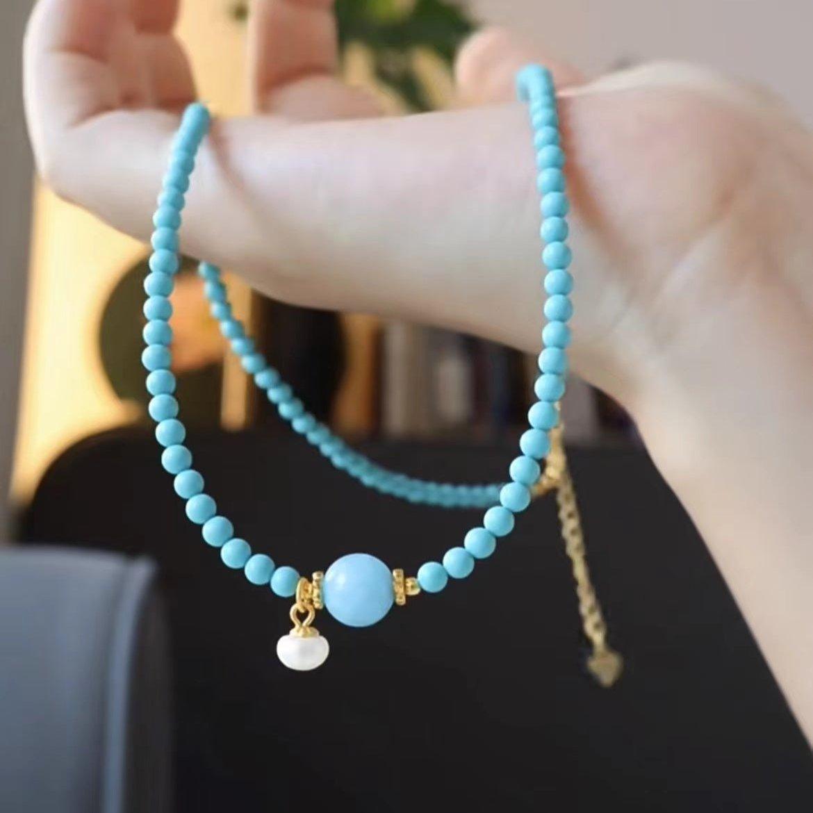 Original natural turquoise and freshwater pearl necklace-original new Chinese-style collarbone chain- high-end layered wear. - LOVELY ROBIN