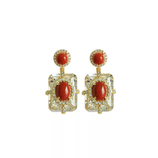 Autumn Winter Flame Crystal - Red Agate & White Crystal Gold-Plated Earrings - LOVELY ROBIN