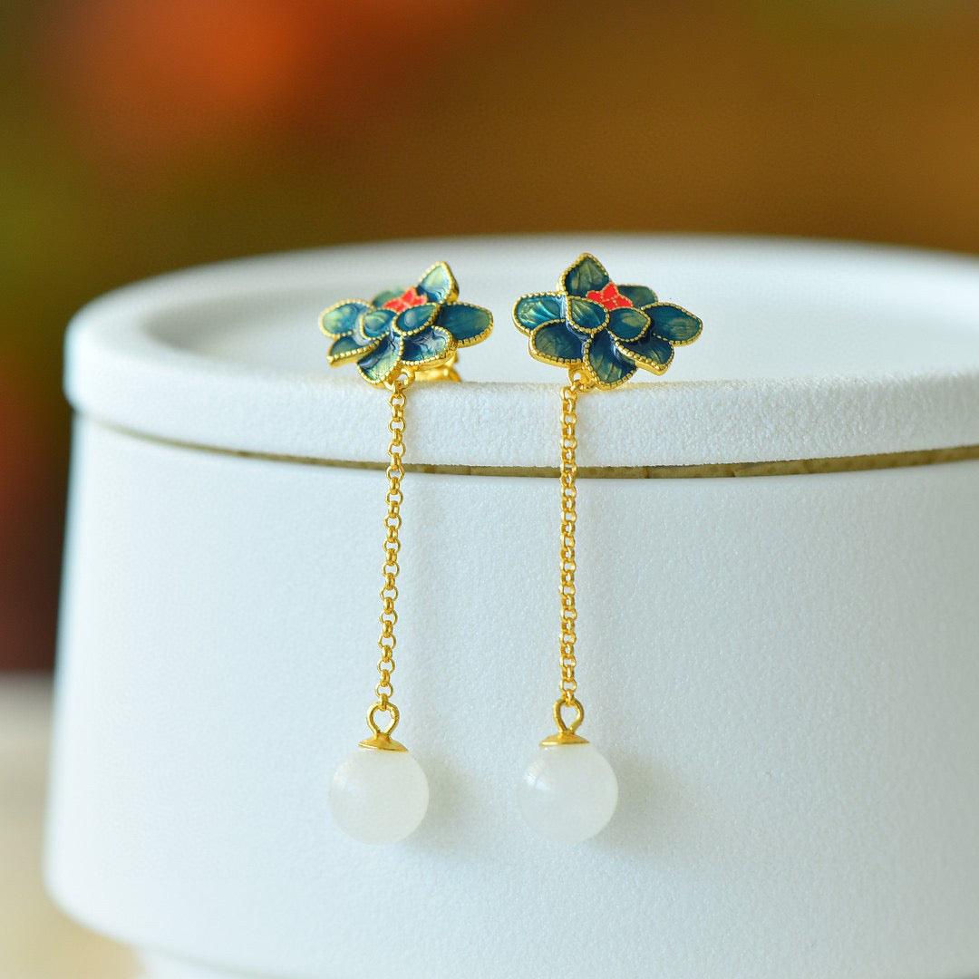 Blue Lotus Jade Bead - Hetian Jade Earrings - LOVELY ROBIN