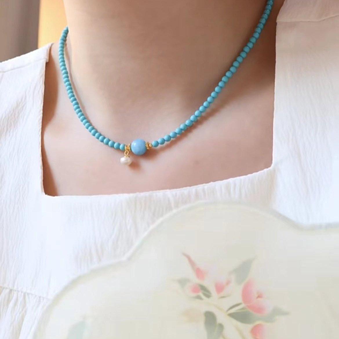 Original natural turquoise and freshwater pearl necklace-original new Chinese-style collarbone chain- high-end layered wear. - LOVELY ROBIN