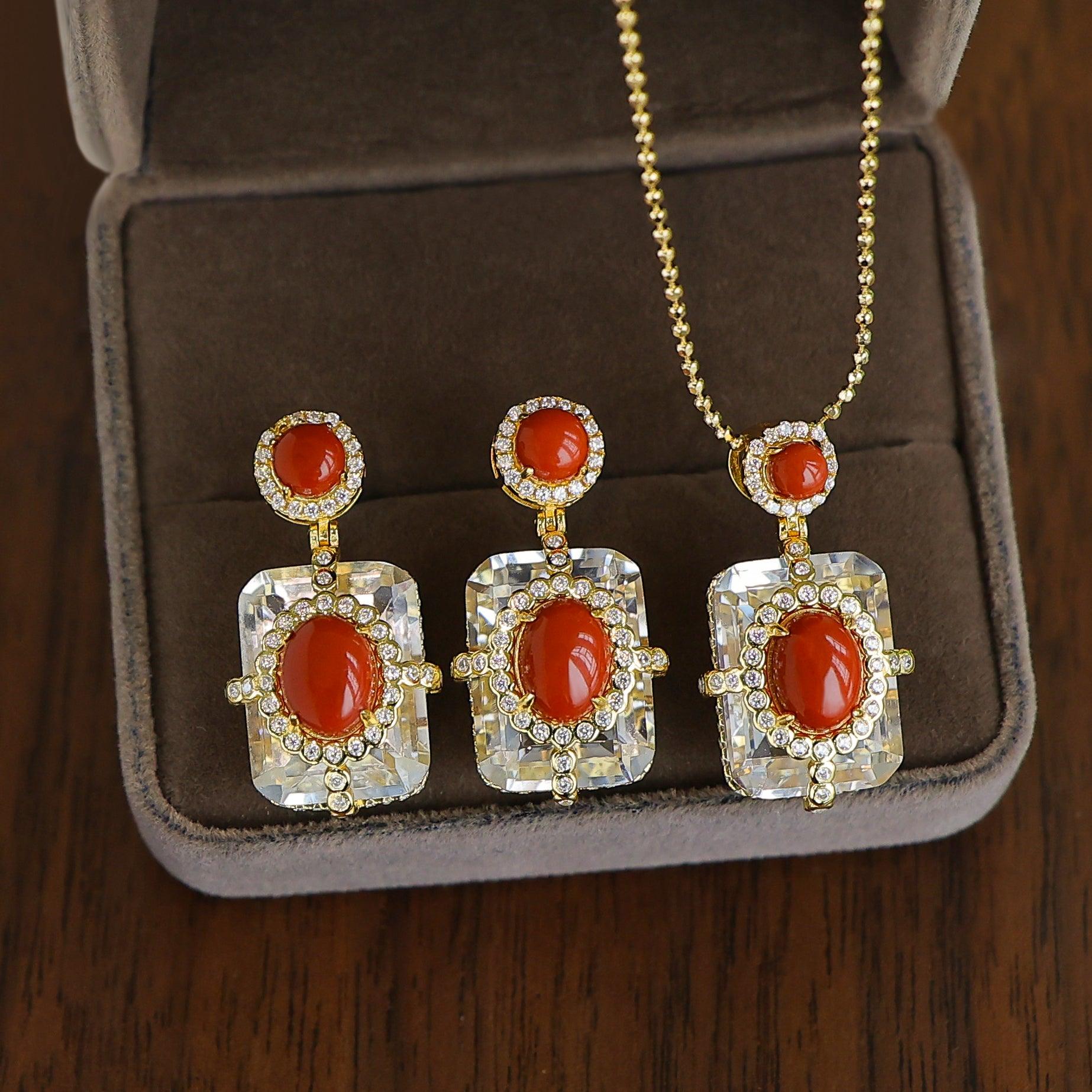Autumn Winter Flame Crystal - Red Agate & White Crystal Gold-Plated Earrings - LOVELY ROBIN
