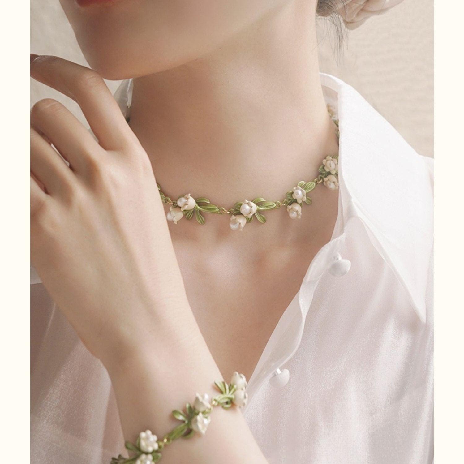 Lily of the Valley Pearl Choker - Elegant Floral Necklace - LOVELY ROBIN