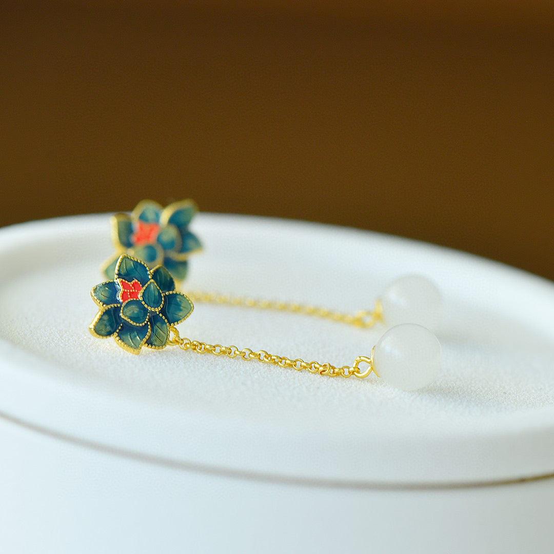 Blue Lotus Jade Bead - Hetian Jade Earrings - LOVELY ROBIN