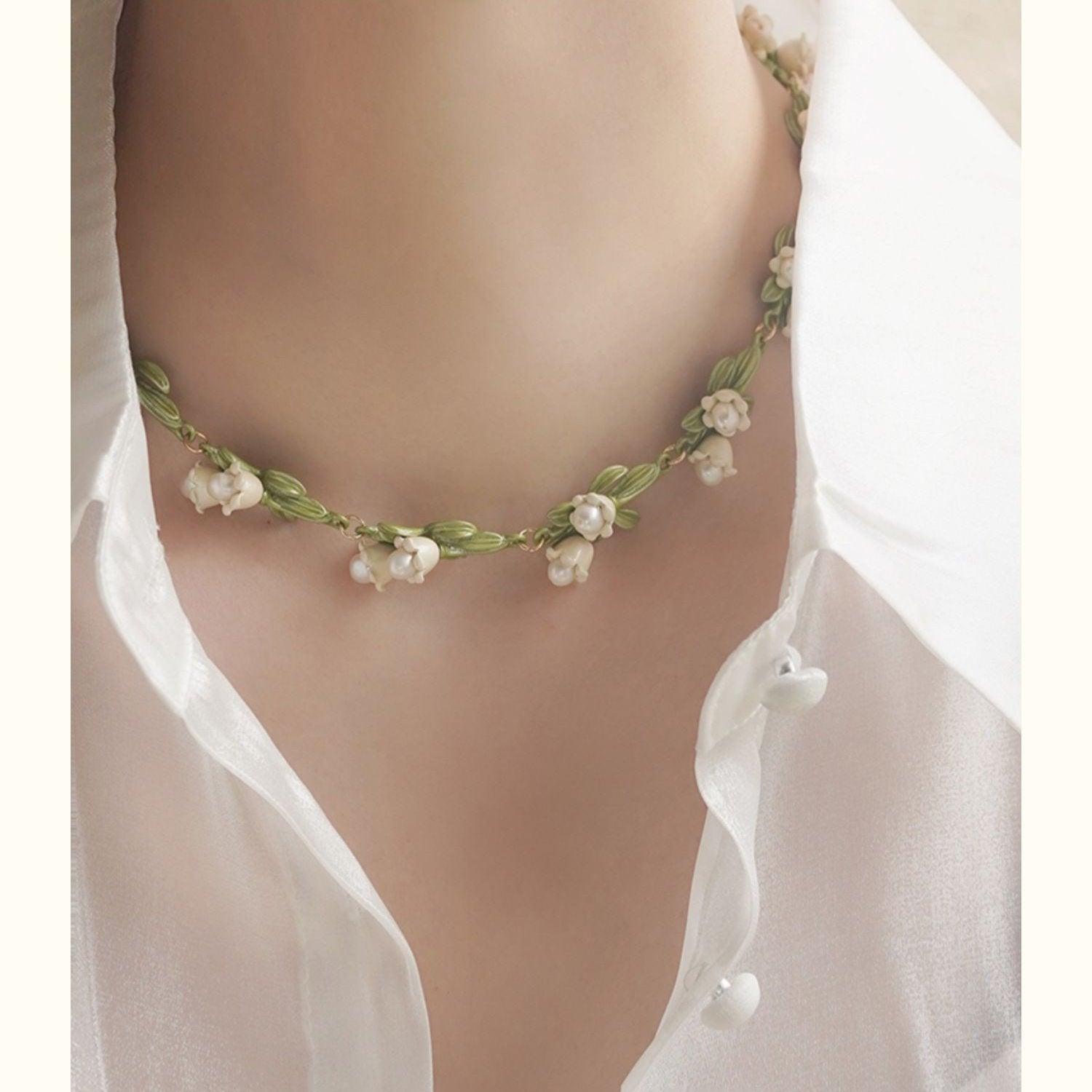 Lily of the Valley Pearl Choker - Elegant Floral Necklace - LOVELY ROBIN