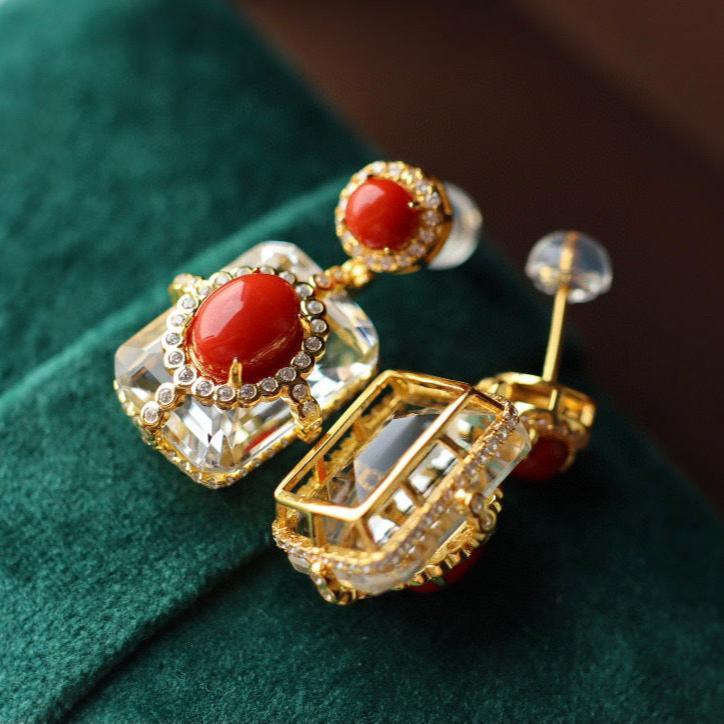 Autumn Winter Flame Crystal - Red Agate & White Crystal Gold-Plated Earrings - LOVELY ROBIN