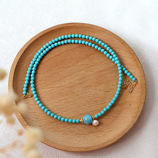 Original natural turquoise and freshwater pearl necklace-original new Chinese-style collarbone chain- high-end layered wear. - LOVELY ROBIN