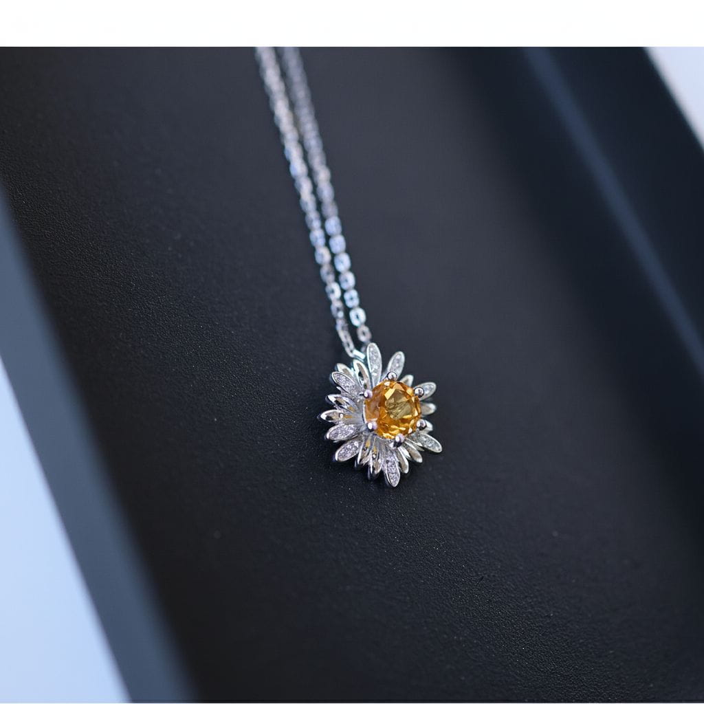 Daisy Citrine Pendant Necklace in 925 Sterling Silver – Handcrafted Brazilian Yellow Quartz Birthstone Jewelry