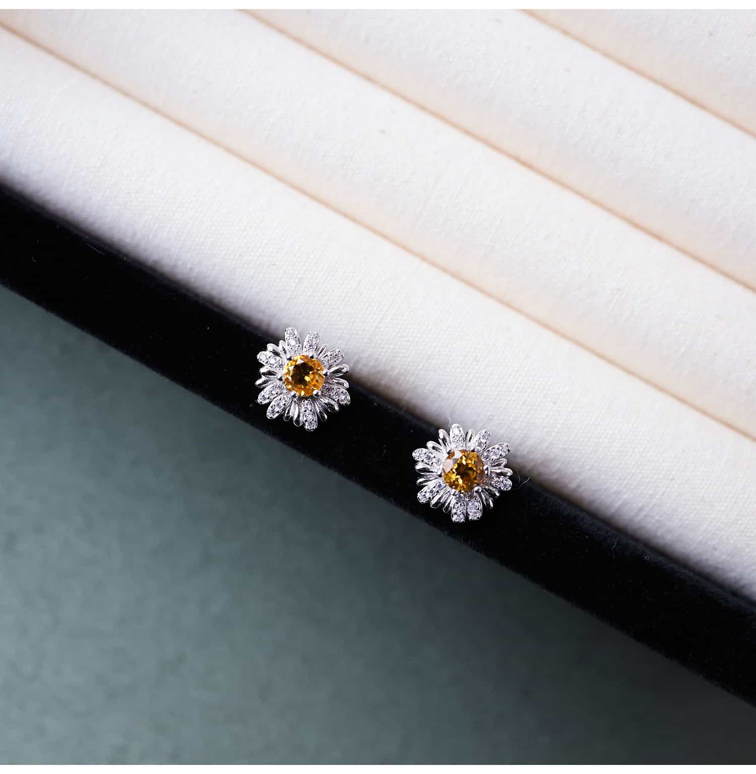 Daisy Citrine Stud Earrings in 925 Sterling Silver – Handcrafted Yellow Quartz November Birthstone Jewelry