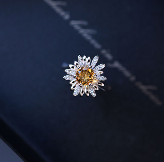 Daisy Flower Citrine Open Ring in 925 Sterling Silver – Handcrafted Brazilian Yellow Quartz Jewelry