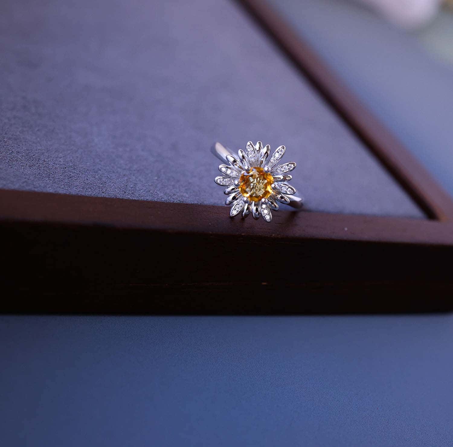 Daisy Flower Citrine Open Ring in 925 Sterling Silver – Handcrafted Brazilian Yellow Quartz Jewelry