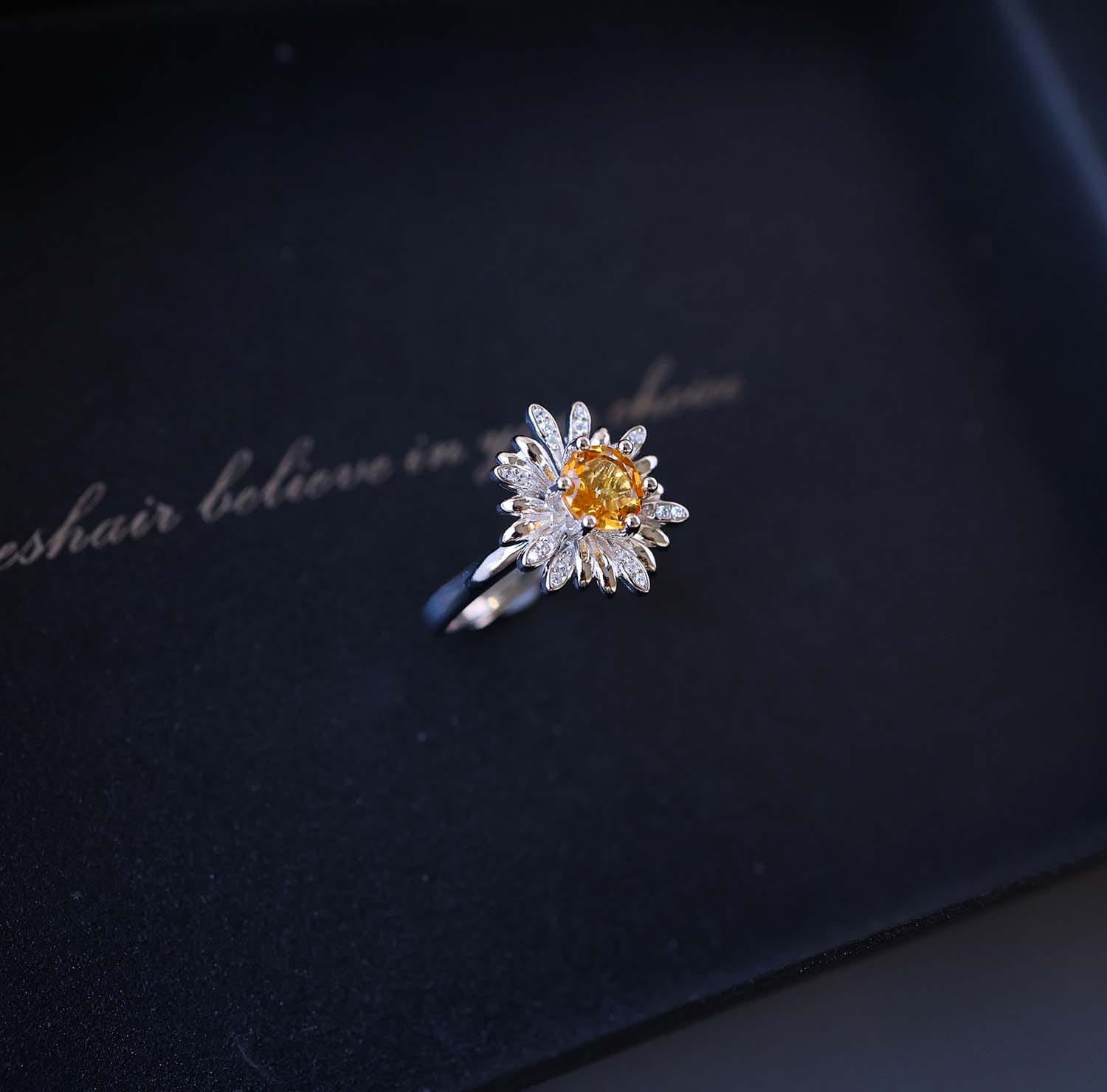 Daisy Flower Citrine Open Ring in 925 Sterling Silver – Handcrafted Brazilian Yellow Quartz Jewelry