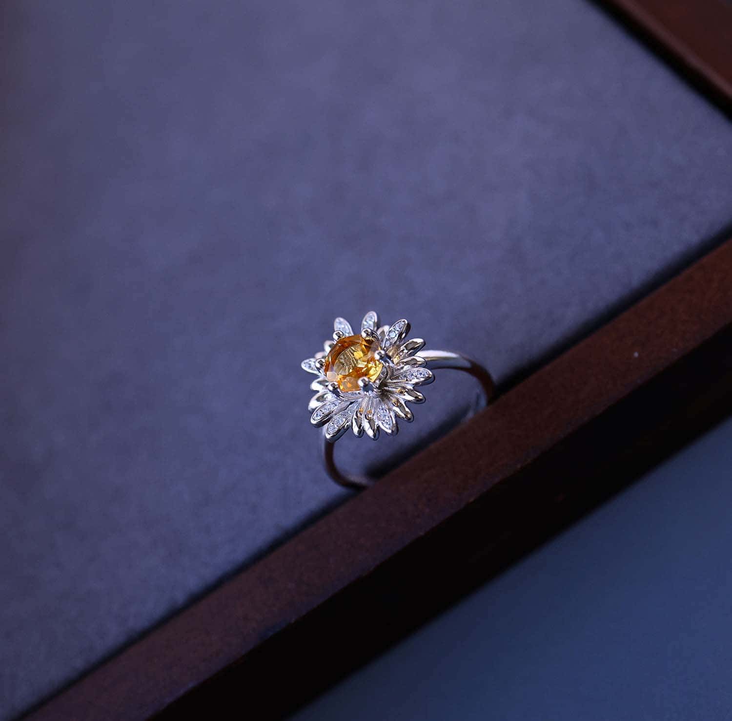 Daisy Flower Citrine Open Ring in 925 Sterling Silver – Handcrafted Brazilian Yellow Quartz Jewelry