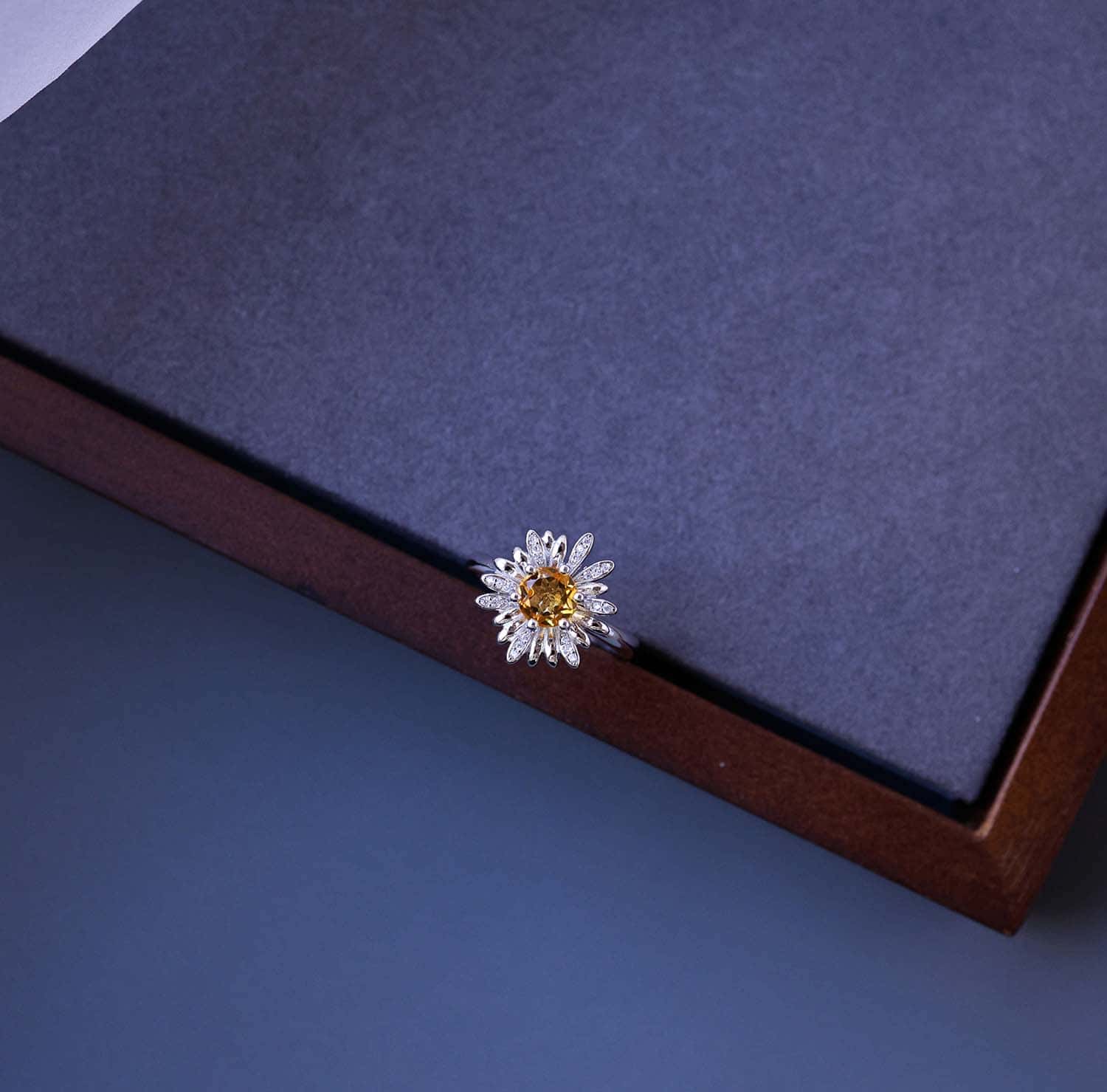 Daisy Flower Citrine Open Ring in 925 Sterling Silver – Handcrafted Brazilian Yellow Quartz Jewelry