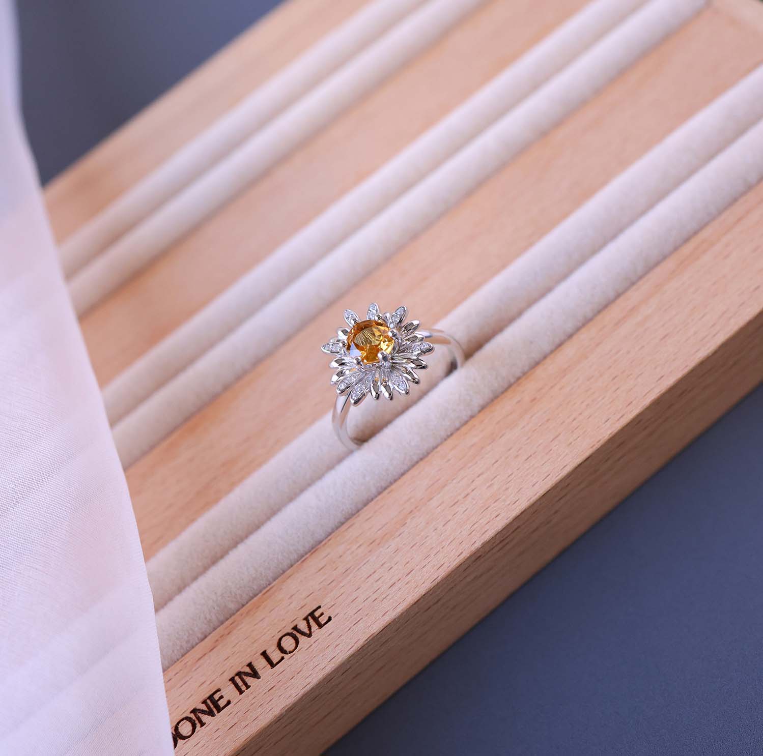 Daisy Flower Citrine Open Ring in 925 Sterling Silver – Handcrafted Brazilian Yellow Quartz Jewelry
