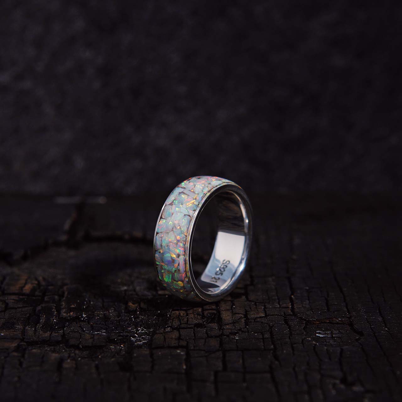Handcrafted 925 Sterling Silver Ring with Natural Opal Chips Inlay