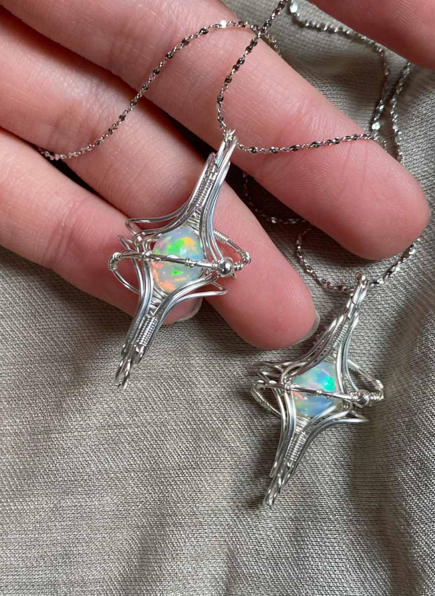 Handcrafted Sterling Silver Wire-Wrapped Pendant Necklace with Natural White Opal