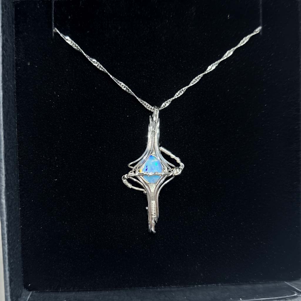 Handcrafted Sterling Silver Wire-Wrapped Pendant Necklace with Natural White Opal
