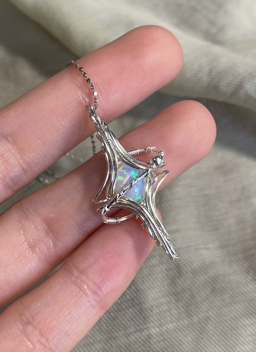 Handcrafted Sterling Silver Wire-Wrapped Pendant Necklace with Natural White Opal