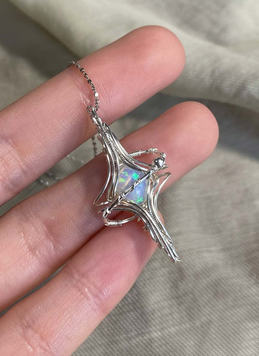 Handcrafted Sterling Silver Wire-Wrapped Pendant Necklace with Natural White Opal