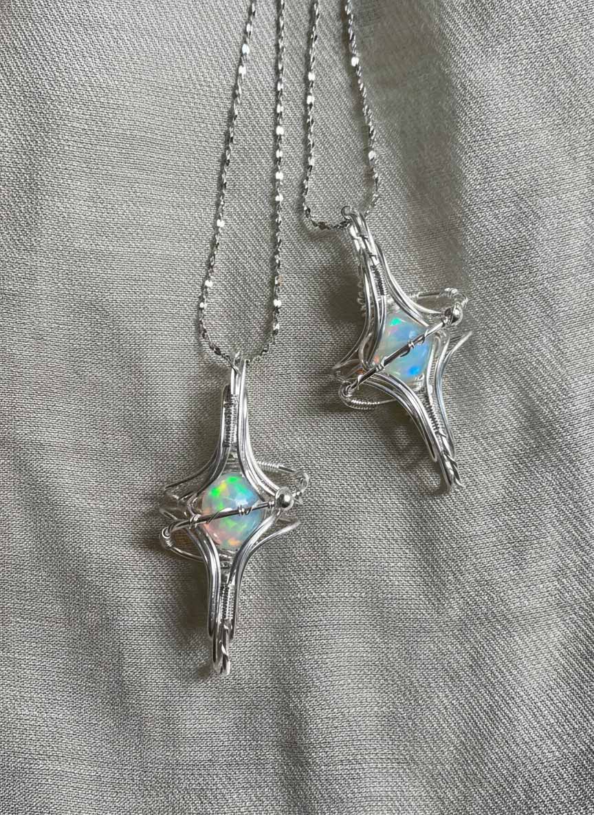 Handcrafted Sterling Silver Wire-Wrapped Pendant Necklace with Natural White Opal