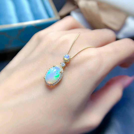 Natural Opal Pendant Necklace in 925 Sterling Silver with Gold Plating