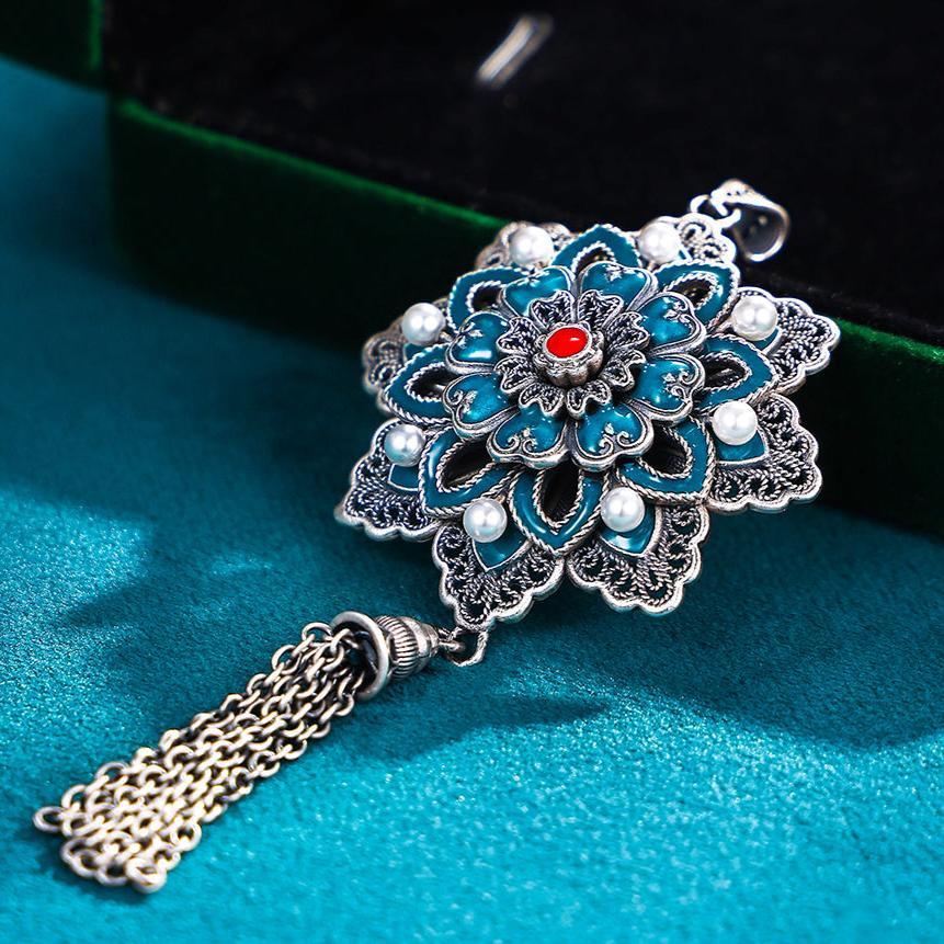 Pure Silver Enamel Filigree Lotus Pendant - LOVELY ROBIN