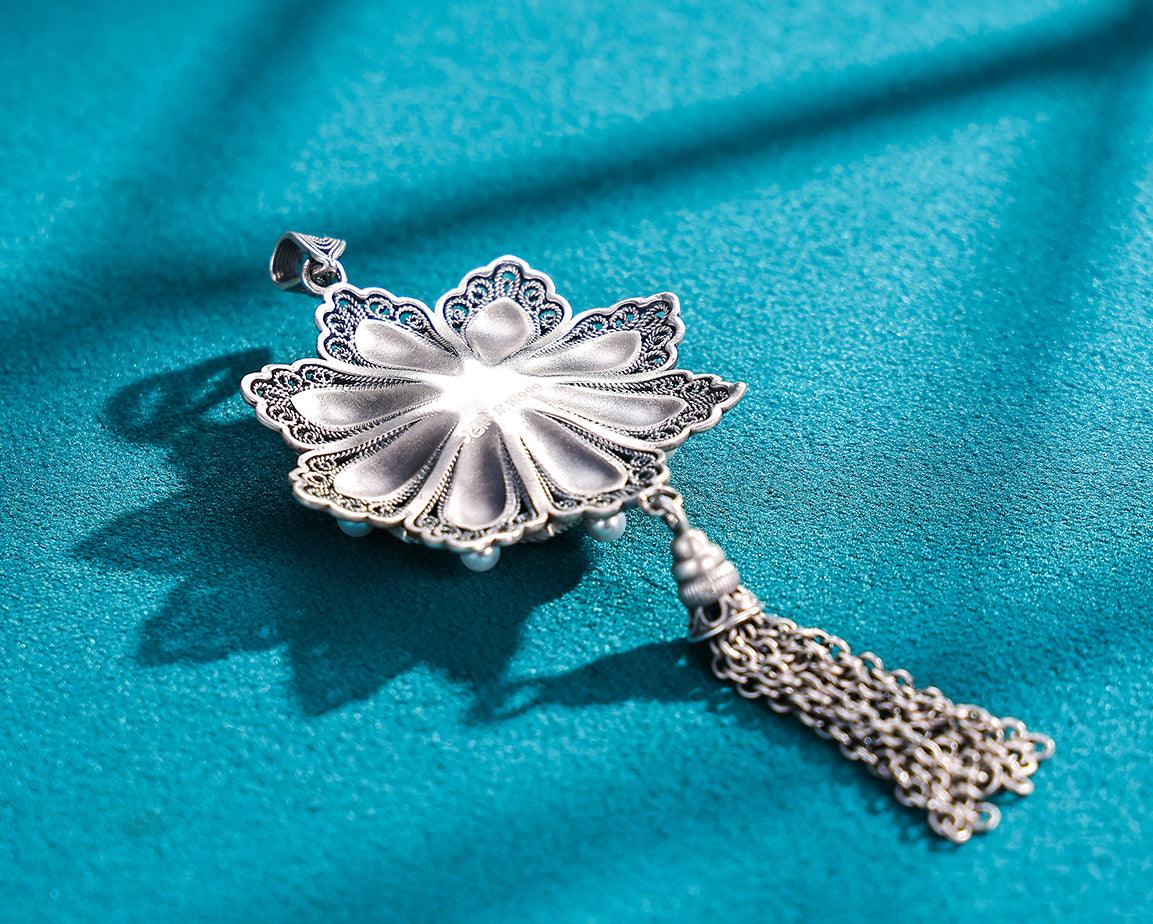 Pure Silver Enamel Filigree Lotus Pendant - LOVELY ROBIN