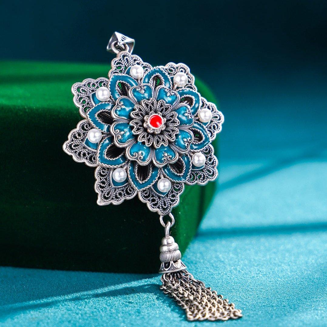 Pure Silver Enamel Filigree Lotus Pendant - LOVELY ROBIN