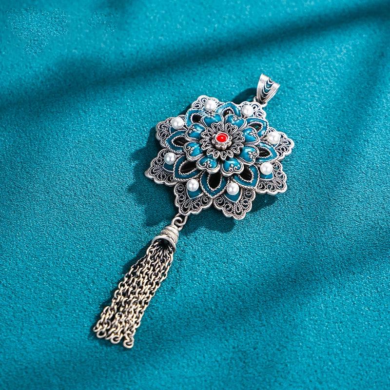 Pure Silver Enamel Filigree Lotus Pendant - LOVELY ROBIN