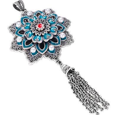 Pure Silver Enamel Filigree Lotus Pendant - LOVELY ROBIN