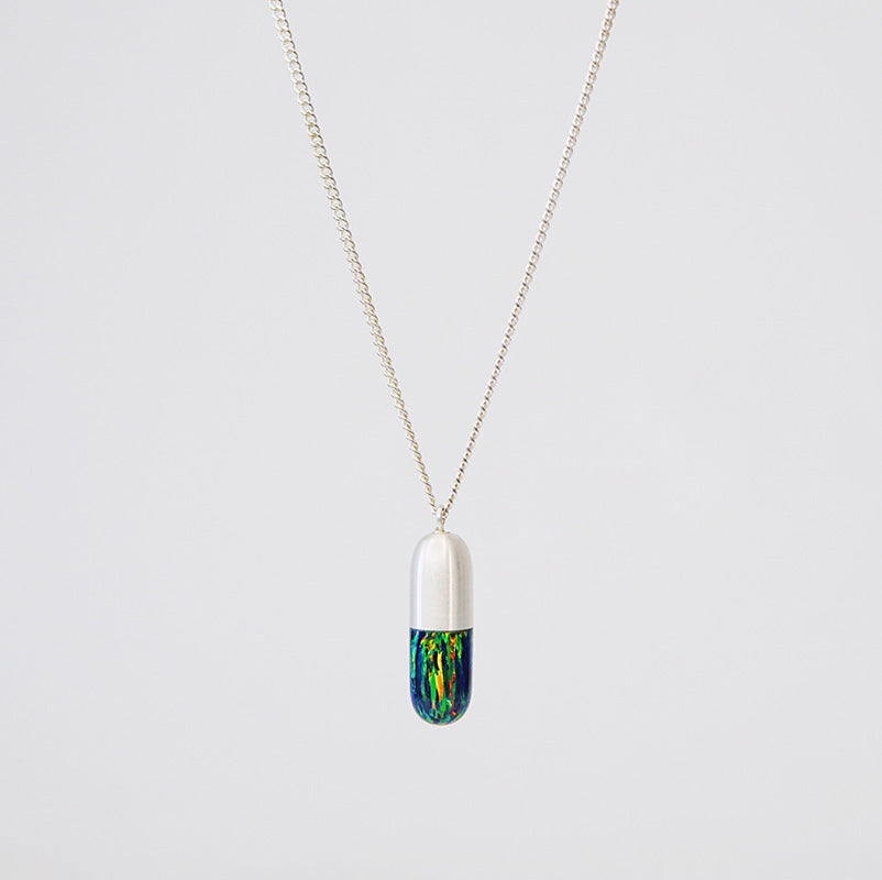 Original Handcrafted Capsule Pendant Necklace with Natural Opal and Solid Silver