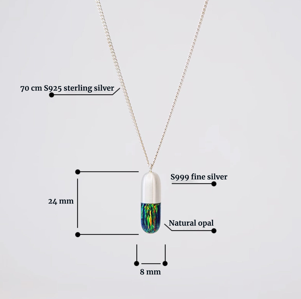 Original Handcrafted Capsule Pendant Necklace with Natural Opal and Solid Silver