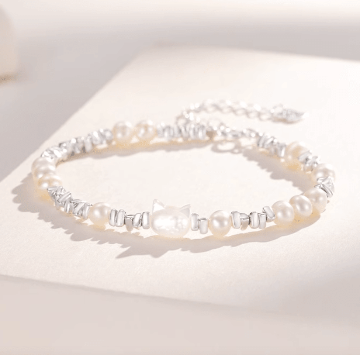 Feline Grace | Sterling Silver Baroque Pearl Cat Bracelet - LOVELY ROBIN