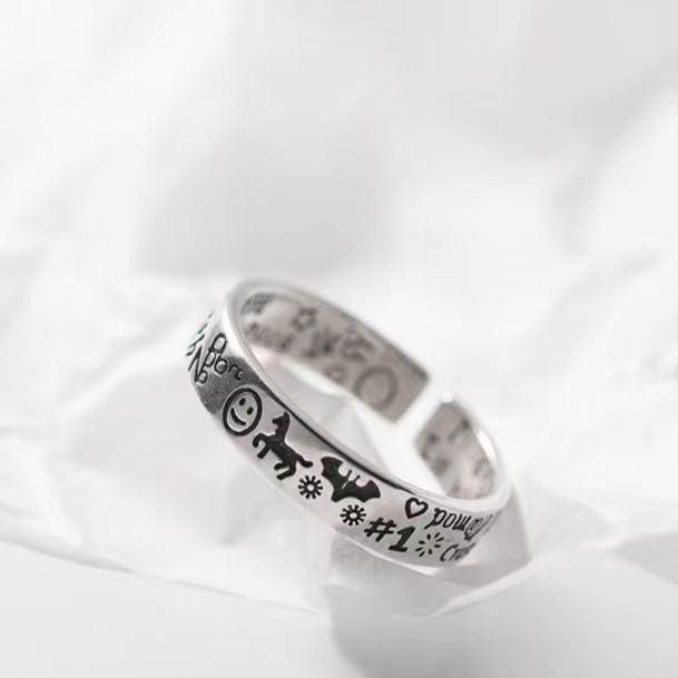 Smiley Pattern Vintage Adjustable Silver Ring - LOVELY ROBIN