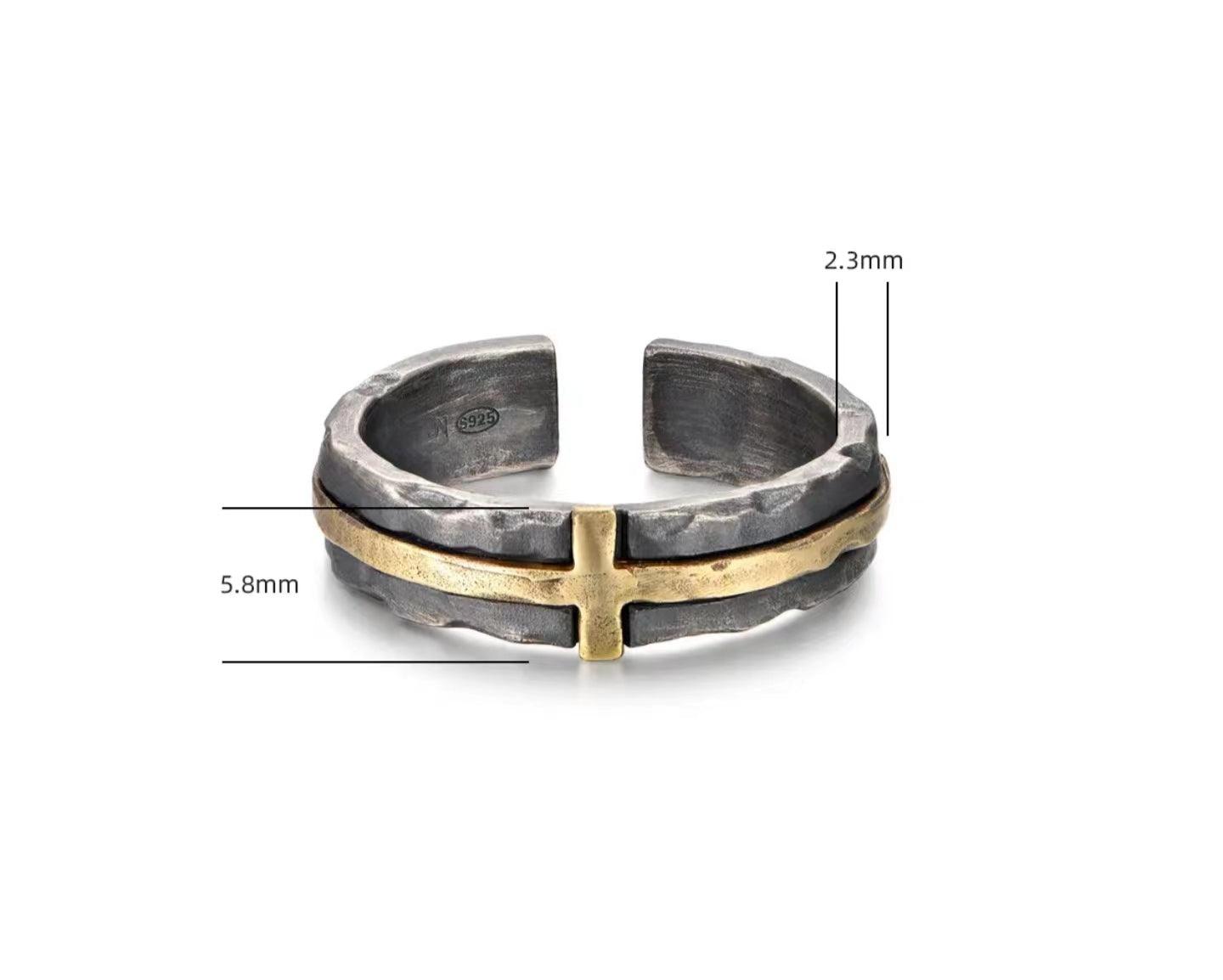 Open Silver Ring with Inlaid Brass Cross - LOVELY ROBIN