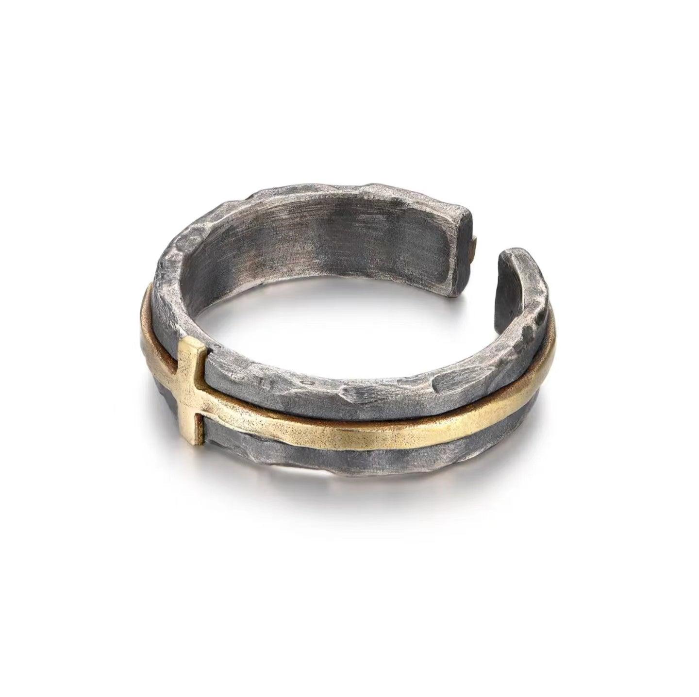 Open Silver Ring with Inlaid Brass Cross - LOVELY ROBIN