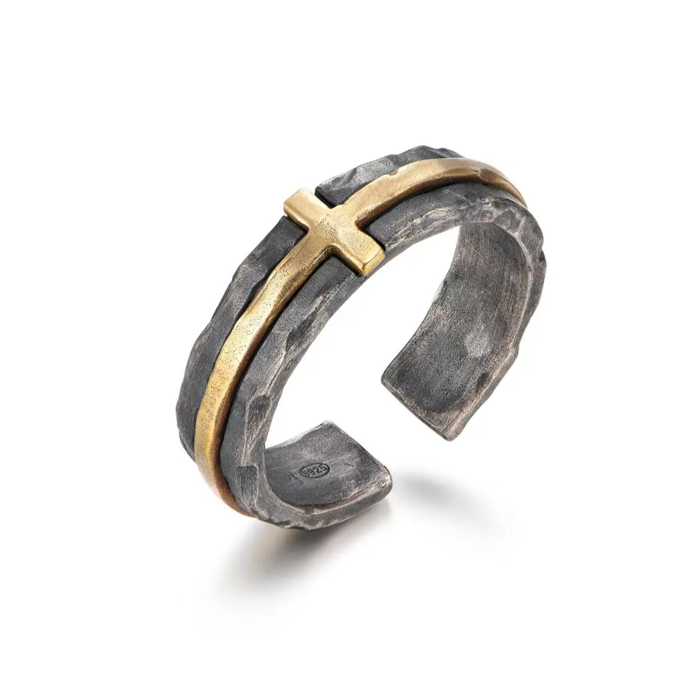 Open Silver Ring with Inlaid Brass Cross - LOVELY ROBIN