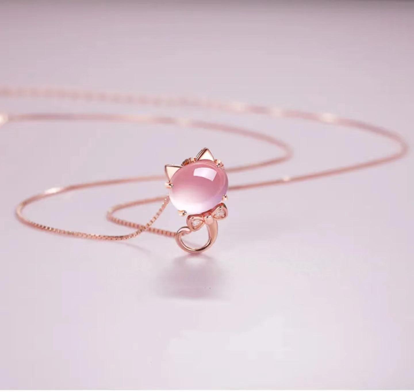 Lucky Cat Rose Quartz Necklace - LOVELY ROBIN