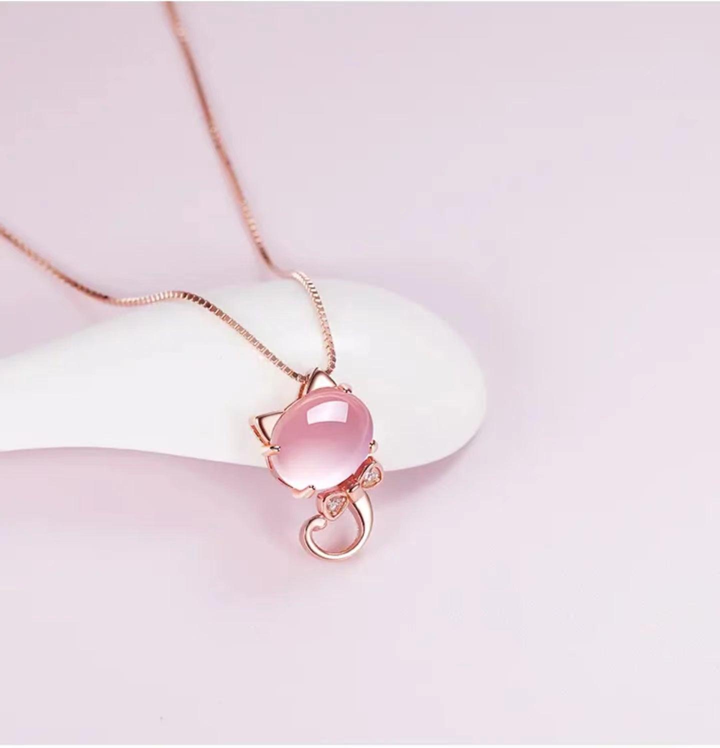 Lucky Cat Rose Quartz Necklace - LOVELY ROBIN