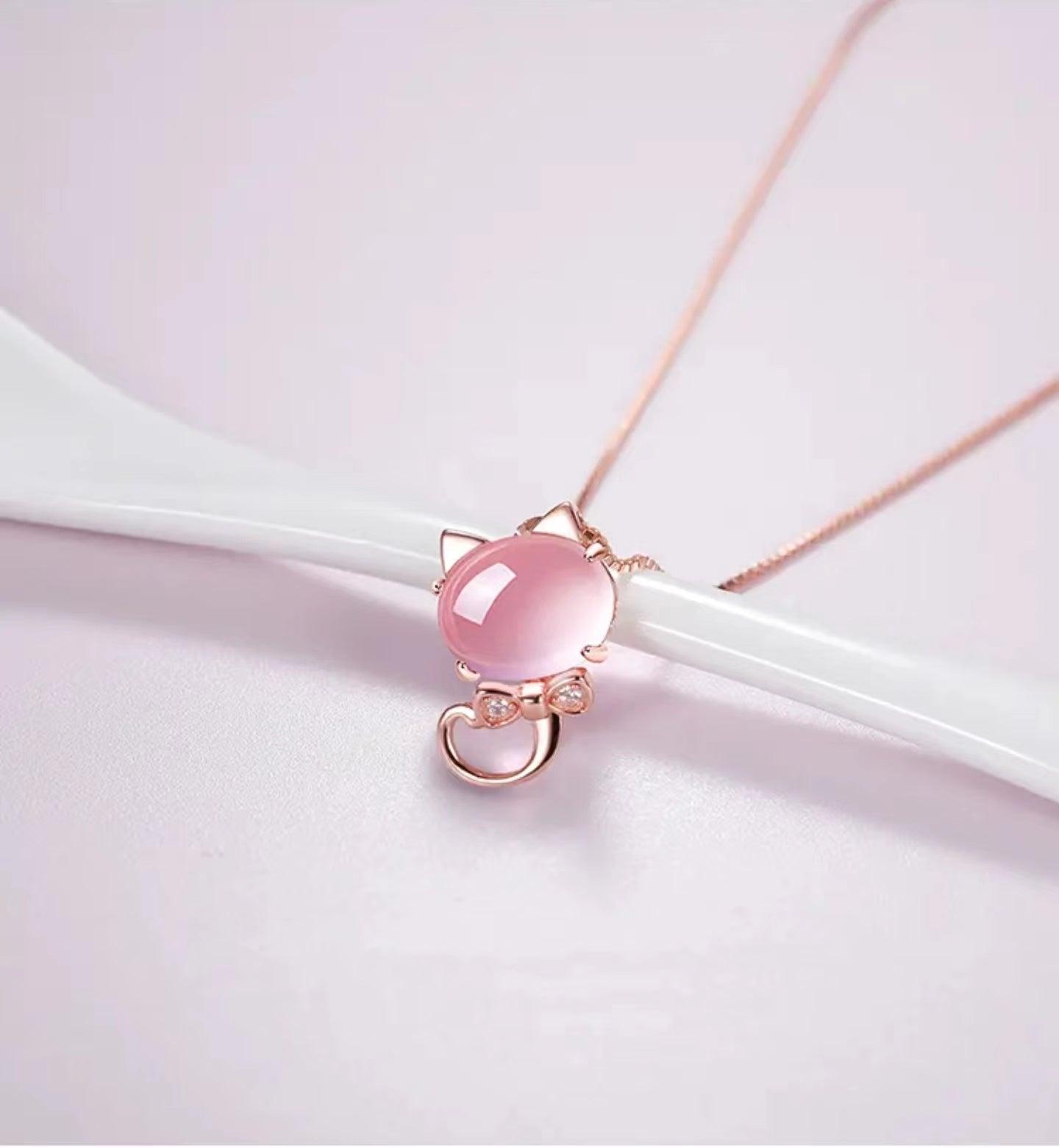 Lucky Cat Rose Quartz Necklace - LOVELY ROBIN