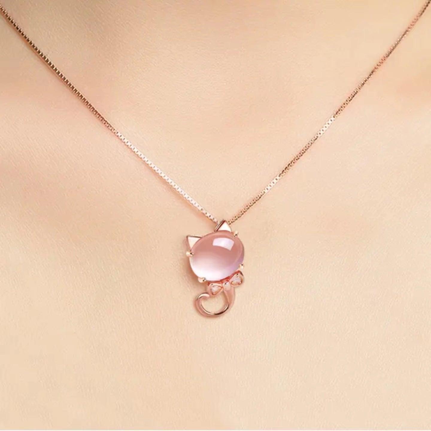Lucky Cat Rose Quartz Necklace - LOVELY ROBIN