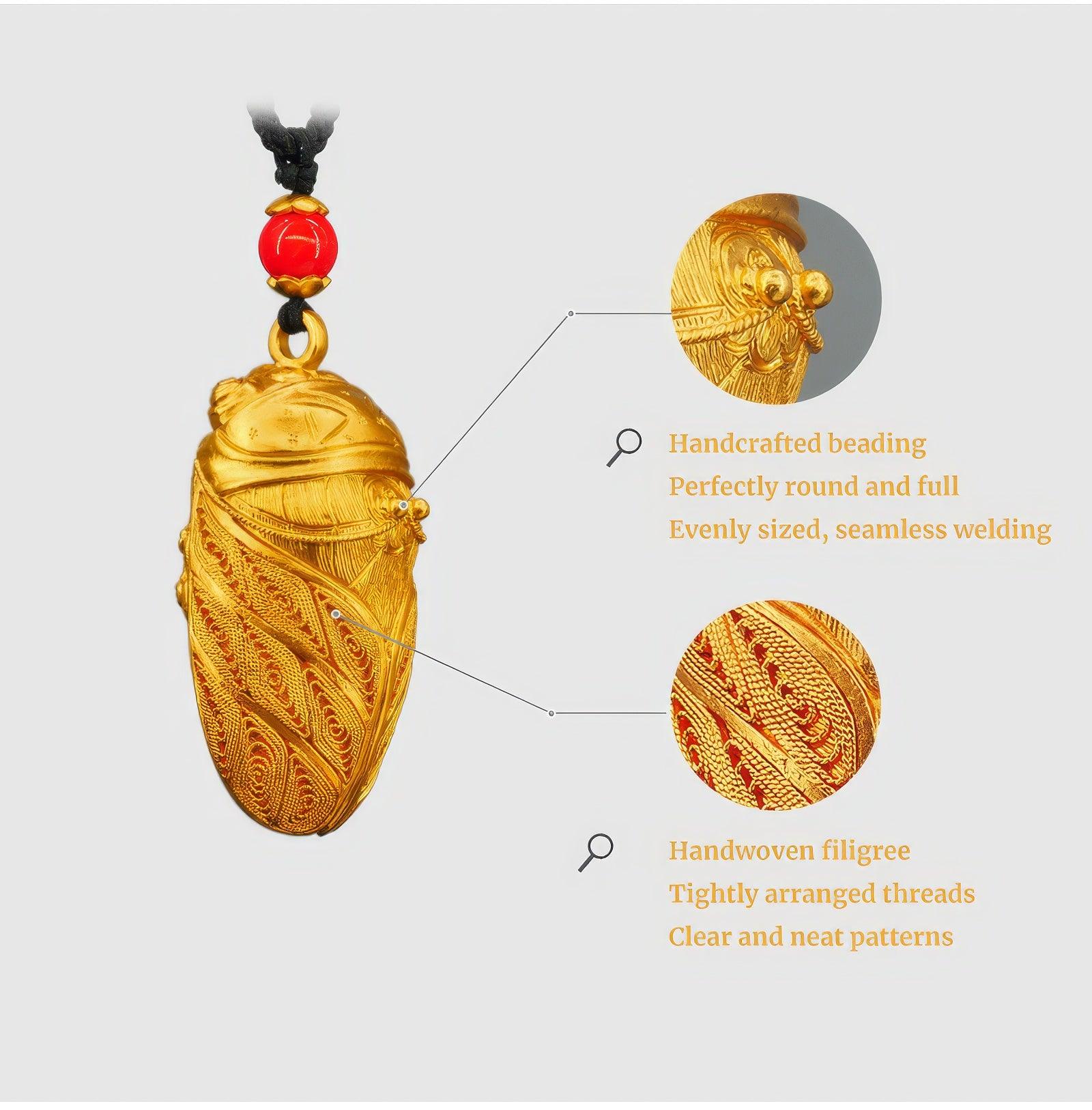 Golden Filigree Glow - Handmade Pure Gold Cicada Pendant - LOVELY ROBIN