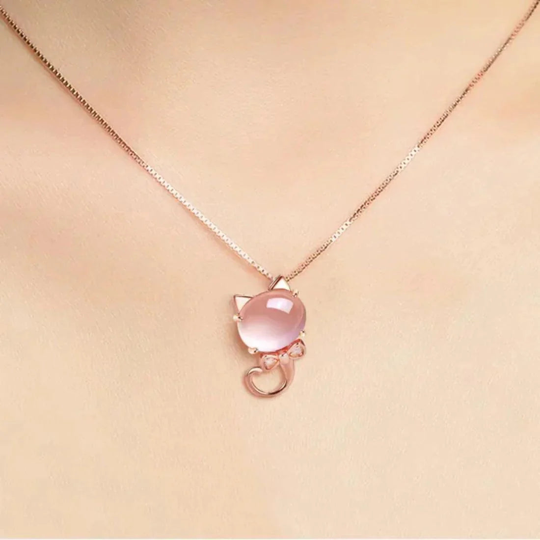 Lucky Cat Rose Quartz Necklace