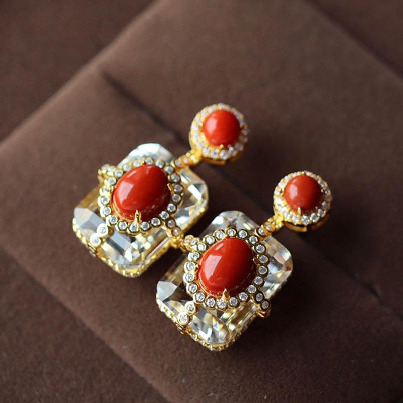 Autumn Winter Flame Crystal - Red Agate & White Crystal Gold-Plated Earrings - LOVELY ROBIN