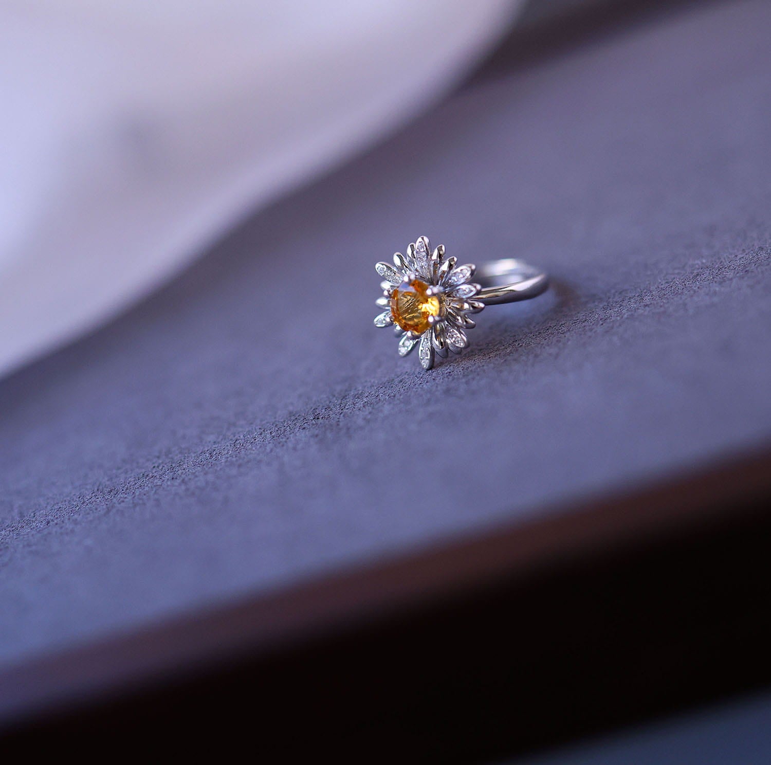 Daisy Flower Citrine Open Ring in 925 Sterling Silver – Handcrafted Brazilian Yellow Quartz Jewelry