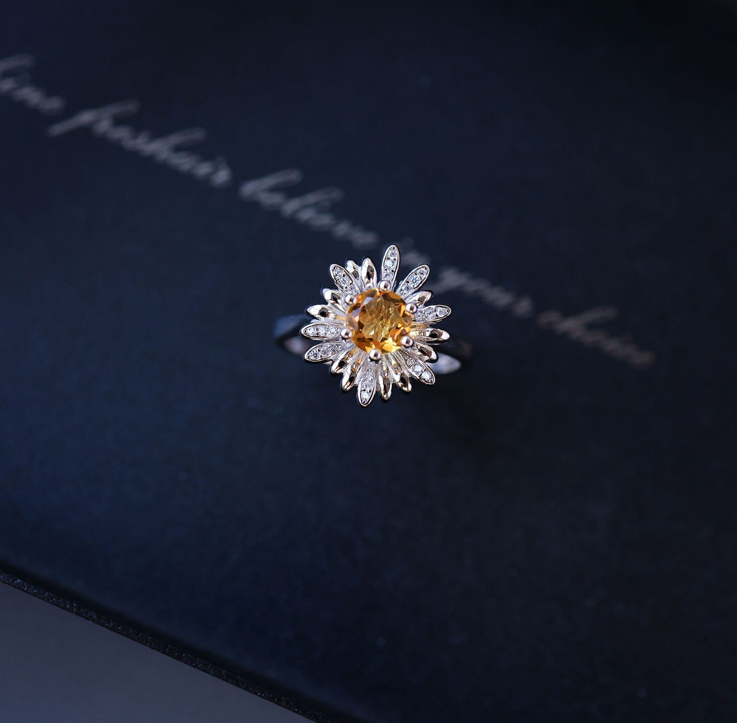 Daisy Flower Citrine Open Ring in 925 Sterling Silver – Handcrafted Brazilian Yellow Quartz Jewelry