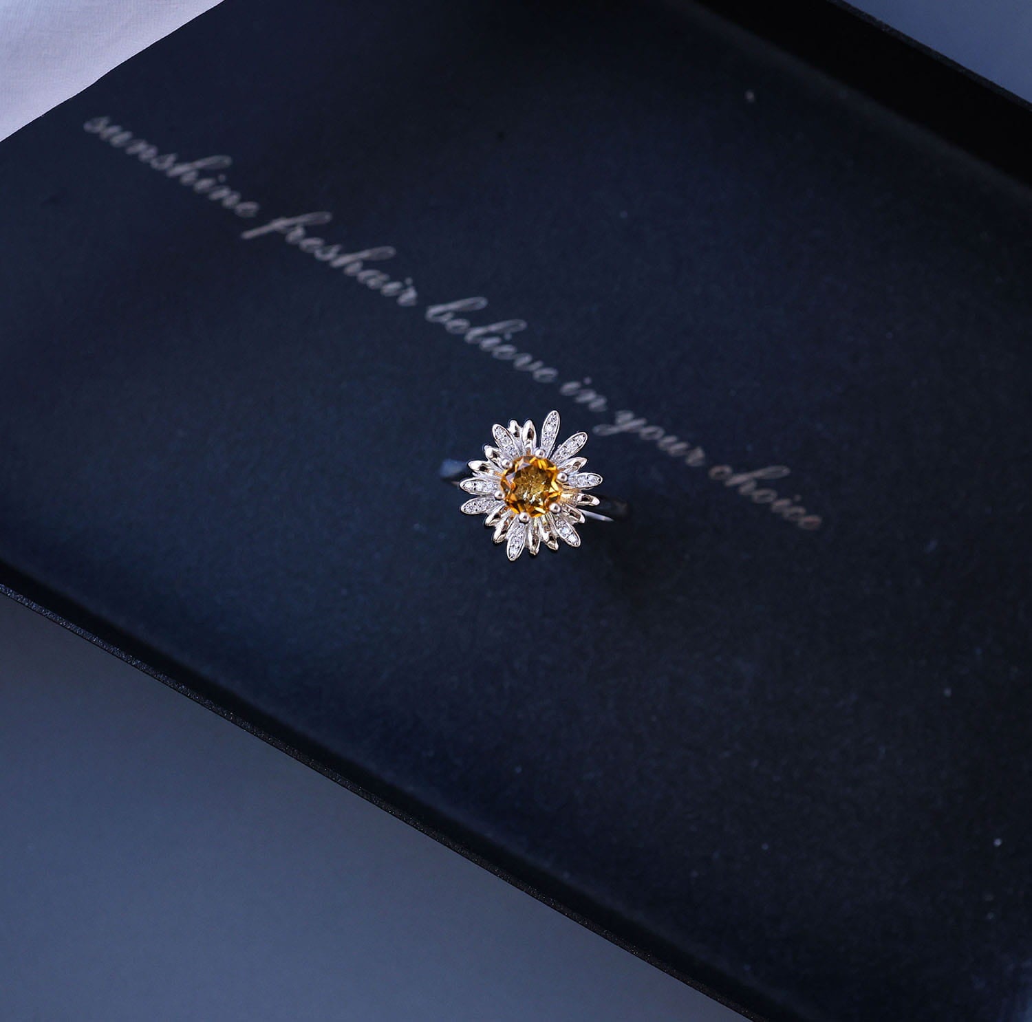 Daisy Flower Citrine Open Ring in 925 Sterling Silver – Handcrafted Brazilian Yellow Quartz Jewelry